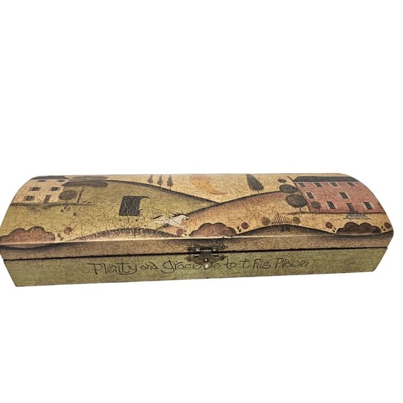 Vtg Wooden Box Rustic Folk Horse Carriage Buggy Village Trinket Pencil Cottage - Picture 1 of 16